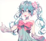  1girl aqua_eyes aqua_hair bare_shoulders bow bowtie choker collarbone colorful_x_melody_(vocaloid) detached_sleeves earmuffs flower hair_flower hair_ornament hatsune_miku inhye long_hair looking_at_viewer nail_polish open_mouth project_diva_(series) project_diva_2nd ribbon_trim smile solo teeth twintails vocaloid wavy_hair 
