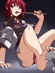  1girl ass bare_legs barefoot blush cropped_jacket drumsticks hemogurobin_a1c horikawa_raiko jacket looking_at_viewer loose_necktie necktie off_shoulder open_clothes open_jacket open_mouth panties purple_panties red_eyes redhead sexually_suggestive shirt sitting skirt solo tongue tongue_out touhou underwear 
