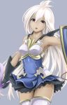  1girl :o arm_up armpits bare_shoulders blue_background dark_skin dress gauntlets granblue_fantasy kz_nagomiya long_hair looking_at_viewer red_eyes shield simple_background skirt solo sword the_order_grande thigh-highs very_long_hair weapon white_hair 