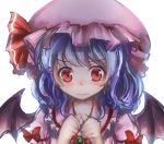  1girl bat_wings blue_hair blush bow brooch close-up flustered hat hat_bow jewelry looking_at_viewer mob_cap pink_shirt remilia_scarlet shirt short_hair simple_background sketch solo t.m_(aqua6233) touhou white_background wings 
