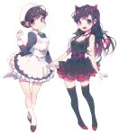  2girls :d arm_at_side arms_at_sides bangs belt black_dress black_hair black_legwear braid breasts cleavage closed_mouth demon_girl demon_horns demon_tail demon_wings dress dual_persona eyebrows eyebrows_visible_through_hair full_body hand_up hashimoto_kanna_(idol) hat horns inhye jewelry kneehighs lace-trimmed_dress legs_apart long_hair long_sleeves looking_at_viewer multiple_girls necklace nurse_cap open_mouth real_life red_shoes rev._from_dvl sash shoes sleeveless sleeveless_dress smile standing tail thigh-highs violet_eyes watson_cross white_background white_legwear wings 