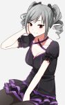  1girl breasts cleavage drill_hair idolmaster idolmaster_cinderella_girls idolmaster_cinderella_girls_starlight_stage kanzaki_ranko pantyhose red_eyes sente silver_hair smile solo twin_drills twintails 