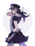  1girl apron birthmark black_hair from_behind hand_on_own_head hat joestar_birthmark jojo_no_kimyou_na_bouken jojolion looking_back maid nail_polish nijimura_kyou pantyhose partly_fingerless_gloves purple_legwear purple_nails reammara solo star star_print starry_background violet_eyes 