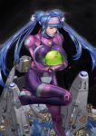  1boy 1girl absurdres blue_hair breasts choi closed_eyes engine hairband highres huge_breasts klan_klein long_hair macross macross_frontier nude orb pilot_suit planet skin_tight star twintails 