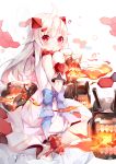  1girl absurdres ahoge bokujuu dress enemy_aircraft_(kantai_collection) hair_ornament hairclip highres horns kantai_collection long_hair looking_at_viewer machinery mittens northern_ocean_hime pout red_eyes shinkaisei-kan sitting turret white_dress white_hair white_skin 