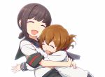  2girls black_hair brown_hair closed_eyes folded_ponytail fubuki_(kantai_collection) hair_ribbon hug inazuma_(kantai_collection) kantai_collection multiple_girls mumyoudou remodel_(kantai_collection) ribbon school_uniform serafuku siblings sisters smile 