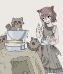  1girl alternate_costume animal animal_ears apron bare_arms batter bowl brown_eyes brown_hair cooking egg food futatsuiwa_mamizou glasses mixing mixing_bowl open_mouth oshouyu_tabetai raccoon raccoon_ears round_glasses short_hair sleeveless smile teamwork touhou 