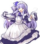  1girl :d alternate_costume apron blue_hair cup dress enmaided frills hair_ornament hair_ribbon kotonoha_aoi long_hair long_skirt long_sleeves looking_at_viewer maid maid_apron maid_headdress nise_nanatsura open_mouth puffy_long_sleeves puffy_sleeves purple_hair red_eyes ribbon simple_background skirt smile solo tea_set teacup teapot tray vocaloid voiceroid white_background 