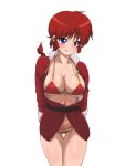  1girl bikini blush braid breasts chinese_clothes cleavage collarbone genderswap highres large_breasts long_hair mtf nanashi_maru navel open_clothes ponytail ranma-chan ranma_1/2 redhead saotome_ranma simple_background single_braid smirk solo strap_gap swimsuit tangzhuang thigh_gap under_boob white_background 