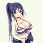  1girl bangs bikini blue_hair bodysuit breasts cleavage collarbone front-tie_top large_breasts long_hair love_live!_school_idol_project love_live!_sunshine!! matsuura_kanan open_mouth pas_(paxiti) ponytail simple_background striped striped_bikini swimsuit undressing very_long_hair violet_eyes 