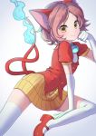  1girl animal_ears cat_ears cat_tail chromatic_aberration elbow_gloves gloves jibanyan multiple_tails personification pimgier puffy_short_sleeves puffy_sleeves short_hair short_sleeves skirt solo tail thigh-highs two_tails white_gloves white_legwear yellow_eyes youkai_watch 