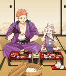  2boys black_gloves bowl chopsticks cup earrings eating gloves grin ima-no-tsurugi indian_style iwatooshi japanese_clothes jewelry male_focus multiple_boys orange_eyes orange_hair red_eyes rice sharp_teeth sitting smile tamagokake_gohan teacup teapot teeth touken_ranbu tray twoframe wariza white_hair 