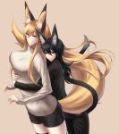  1boy 1girl animal_ears black_legwear blush breasts cat_ears cat_tail fox_ears fox_tail glasses highres hug hug_from_behind large_breasts long_hair long_sleeves original ribbed_sweater short_shorts shorts sigm@ smile sweater tail thigh-highs turtleneck zettai_ryouiki 