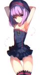  1girl armpits arms_up ass_visible_through_thighs bare_shoulders bei_mochi black_panties collarbone dress fate/grand_order fate_(series) helena_blavatsky_(fate/grand_order) highres looking_at_viewer panties purple_hair smile solo strapless strapless_dress thigh-highs thigh_gap underwear violet_eyes 