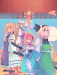  5girls anarogumaaa animal_ears blonde_hair blue_eyes cherry_blossoms closed_fan fan folding_fan fox_ears fox_tail katana konpaku_youmu multiple_girls petals pink_hair saigyouji_yuyuko saigyouji_yuyuko_(living) silver_hair sword tabard tail touhou violet_eyes weapon wide_sleeves yakumo_ran yakumo_yukari yellow_eyes 