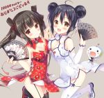  2girls ahoge black_hair black_legwear blush breast_press breasts brown_eyes china_dress chinese_clothes cleavage cleavage_cutout detached_collar detached_sleeves double_bun dress fan folding_fan garter_straps hair_ornament hair_ribbon hair_rings hands_together long_hair looking_at_viewer multiple_girls no_panties open_mouth original pelvic_curtain red_dress red_eyes ribbon side_slit smile sousouman thigh-highs twintails white_dress white_legwear 