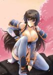  1girl alternate_costume armor armpits bare_shoulders black_panties breasts brown_hair cherry_blossoms cleavage collarbone detached_sleeves floral_print haganef hair_ribbon highres japanese_armor japanese_clothes kneeling large_breasts long_hair long_sleeves looking_away muvluv muvluv_alternative muvluv_total_eclipse ninja on_roof panties pauldrons petals revealing_clothes ribbon solo takamura_yui thigh-highs tree underwear violet_eyes white_legwear 