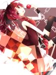  1girl ahoge apple blush dress eyebrows_visible_through_hair holding_food kaname_madoka leaning_back long_hair looking_at_viewer magical_girl mahou_shoujo_madoka_magica open_mouth ponytail red_eyes redhead solo spear thighhighs 