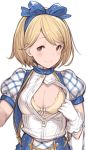  1girl blonde_hair bra breasts brown_eyes cleavage djeeta_(granblue_fantasy) gloves granblue_fantasy hanarito highres looking_at_viewer open_clothes open_shirt shirt smile solo underwear undressing 