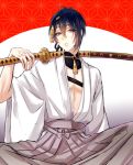  1boy blue_eyes blue_hair furofuki_daikon hakama japanese_clothes katana male_focus mikazuki_munechika parted_lips sitting sword touken_ranbu weapon 