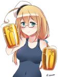  1girl ahoge alcohol beer beer_mug beret blonde_hair blue_eyes commentary_request glasses hat holding i-8_(kantai_collection) ido_(teketeke) kantai_collection long_hair looking_at_viewer low_twintails school_swimsuit smile solo swimsuit twintails twitter_username 