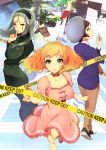  3girls blonde_hair breasts brown_eyes brown_hair campus_notes_-_forget_me_not. caution_tape cleavage collar collarbone dress green_eyes hairband hat long_hair looking_at_viewer looking_up multiple_girls necktie original pochi_(pochi-goya) running short_hair silver_hair two_side_up vest 