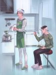  2boys apron black_hair brown_eyes cooking eating food hat jojo_no_kimyou_na_bouken jojolion kira_yoshikage_(jojolion) kitchen kuujou_josefumi ladle male_focus multicolored_hair multiple_boys plate pompadour pot reammara sailor sailor_hat silver_hair sitting slippers two-tone_hair 