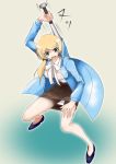  1girl baseball_bat blonde_hair blue_jacket blue_shoes breasts brown_skirt ellen_baker green_eyes hair_ornament hair_scrunchie jacket large_breasts long_hair long_sleeves mokerou new_horizon open_clothes open_mouth ponytail scrunchie shirt shoes skirt solo teacher weapon 