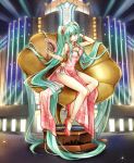  1girl absurdly_long_hair absurdres alternate_costume anklet aqua_eyes aqua_hair bracelet breasts building china_dress chinese_clothes cleavage cleavage_cutout dress egasumi fan flower folding_fan frills full_body hair_flower hair_ornament hair_ribbon hatsune_miku head_tilt high_heels highres holding_fan jewelry long_hair looking_at_viewer necklace oversized_object pearl_bracelet pearl_necklace pelvic_curtain phonograph red_dress red_ribbon red_shoes ribbon shoes sidelocks sitting sleeveless sleeveless_dress solo sparkle stage_lights syrinxwell311 tassel treble_clef twintails very_long_hair vocaloid 