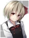  1girl black_dress blonde_hair dress hair_ribbon looking_at_viewer pokio red_eyes ribbon rumia shirt smile solo touhou upper_body 