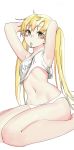  absurdres ahem!_(artist) arms_up blonde_hair blush_stickers flat_chest highres long_hair mouth_hold navel original panties simple_background sitting smile thighs twintails underwear very_long_hair wariza white_background white_panties 