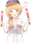  1girl absurdres baseball_bat baseball_cap blonde_hair blush boston_red_sox buttons clothes_writing collarbone ellen_baker go-1 green_eyes hair_over_shoulder hair_ribbon hat heart highres holding long_hair looking_at_viewer low_ponytail new_horizon open_mouth ribbon shirt short_sleeves solo sportswear upper_body white_background 