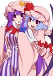  2girls :d bangs bat_wings blue_hair blunt_bangs blush blush_stickers bow bowtie breasts collar crescent crescent_hair_ornament crescent_moon_pin dress eichi_yuu fangs frilled_collar frilled_sleeves frills hair_between_eyes hair_bow hair_ornament hair_ribbon hat hat_ribbon hug hug_from_behind long_hair long_sleeves mob_cap multiple_girls open_mouth patchouli_knowledge pointy_ears puffy_short_sleeves puffy_sleeves purple_hair red_bow red_bowtie red_eyes remilia_scarlet ribbon short_sleeves simple_background smile striped striped_dress touhou tress_ribbon very_long_hair violet_eyes white_background wide_sleeves wings 