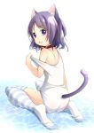  1girl animal_ears ass bare_shoulders bell cat_ears collar from_behind jingle_bell looking_back one-piece_swimsuit open_mouth original purple_hair school_swimsuit short_hair sitting smile solo striped striped_legwear swimsuit swimsuit_pull tail thigh-highs violet_eyes water white_school_swimsuit white_swimsuit 