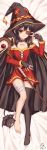  1girl bat belt black_hair black_legwear cat collar collarbone dakimakura dress eyepatch fingerless_gloves full_body gloves hat highres kono_subarashii_sekai_ni_shukufuku_wo! looking_at_viewer lying megumin on_back red_eyes short_hair single_thighhigh smile solo staff thigh-highs v witch_hat zerg309 