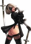  ass black_blindfold black_boots black_dress black_gloves black_hairband blindfold boots covered_eyes dress feather-trimmed_sleeves from_side gloves hairband highres leotard nier_(series) nier_automata puffy_sleeves short_hair simple_background standing sword thigh-highs thigh_boots thighhighs_under_boots weapon white_background white_leotard yorha_no._2_type_b 