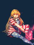  1girl alternate_breast_size american_flag_legwear american_flag_shirt bangs blonde_hair breasts clownpiece collar fire frilled_collar frills highres large_breasts long_hair open_mouth pantyhose red_eyes shirt simple_background sitting solo star striped temmasa22 torch touhou very_long_hair 