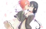  2girls arm_around_waist black_hair cheek_kiss cherry_blossoms closed_eyes commentary_request green_eyes hair_ornament hair_ribbon holding_hands interlocked_fingers kiss leaning_on_person long_hair looking_at_another multiple_girls okutagon pink_hair ribbon school_uniform short_hair side_ponytail simple_background smile tougou_mimori white_background yuri yuuki_yuuna yuuki_yuuna_wa_yuusha_de_aru yuusha_de_aru 