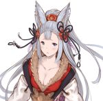  1girl animal_ears blush breasts cleavage collarbone fox_ears fur_trim granblue_fantasy hair_ornament half_updo hanarito highres japanese_clothes lavender_hair long_hair looking_at_viewer simple_background socie_(granblue_fantasy) solo white_background 