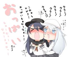  2girls akatsuki_(kantai_collection) black_hair blue_eyes blue_hair blush commentary_request hat hibiki_(kantai_collection) highres hug hug_from_behind kantai_collection long_hair multiple_girls neckerchief open_mouth school_uniform serafuku shimashima_nezumi silver_hair skirt translation_request verniy_(kantai_collection) 