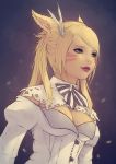  animal_ears breasts cleavage detached_collar final_fantasy final_fantasy_xiv green_eyes hair_ornament lipstick makeup miqo&#039;te puffy_sleeves red_lipstick slit_pupils soranamae twintails 