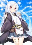  1girl 47agdragon belt blush cloak dress hair_ornament hairclip highres long_hair looking_at_viewer original pouch red_eyes smile solo thigh_strap very_long_hair white_hair x_hair_ornament 