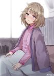  1girl blanket blue_eyes brown_hair green_eyes heterochromia idolmaster idolmaster_cinderella_girls looking_at_viewer meto31 mole mole_under_eye pajamas short_hair sick sitting smile solo takagaki_kaede violet_eyes 