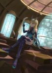  1girl atelier_(series) atelier_shallie ayesha_altugle bare_shoulders blonde_hair blue_gloves book_stack boots crossed_legs gloves highres indoors meow_(jerry) navel paper quill sitting solo yellow_eyes 