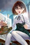  1girl :o abooon bow brown_hair brush canvas_(object) glasses indoors knees_together_feet_apart looking_at_viewer painting_(object) palette pantyhose red_eyes short_hair sitting solo white_legwear window 