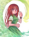  1girl alternate_eye_color anarogumaaa chinese_clothes fighting_stance hong_meiling long_hair looking_at_viewer no_hat pose puffy_short_sleeves puffy_sleeves red_eyes redhead short_sleeves smile solo touhou wristband 