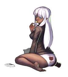  1girl blue_hair chips covered_nipples dark_skin eating elf k2shh lavender_hair long_hair looking_back panties panties_over_pantyhose pantyhose pointy_ears sitting solo underwear wariza 