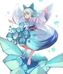  1girl alternate_costume anarogumaaa barefoot blue_eyes blue_hair bow cirno hair_bow ice japanese_clothes silver_hair solo touhou wide_sleeves 