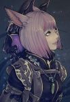  1girl animal_ears bob_cut chain facial_mark final_fantasy final_fantasy_xiv jewelry lavender_eyes lips miqo&#039;te pale_skin single_earring slit_pupils solo soranamae staff 