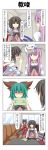  4girls 4koma alternate_costume animal_ears apron aqua_hair arms_behind_head asymmetrical_wings bench black_hair bow brown_hair chair cleaning comic face_mask fox_mask futatsuiwa_mamizou glasses hata_no_kokoro highres houjuu_nue jitome kasodani_kyouko leaf leaf_on_head long_hair long_sleeves mask multiple_girls o3o open_mouth pince-nez pink_eyes pink_hair pout raccoon_ears rappa_(rappaya) red_eyes shaded_face shirt smile table touhou translated very_long_hair waitress wings 